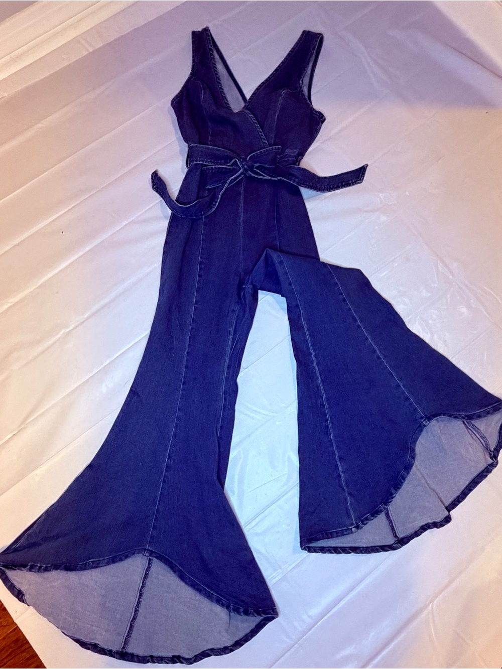 Vici Blue Denim Sleeveless Wrap Jumpsuit with Tie Waist - Picture 4 of 9